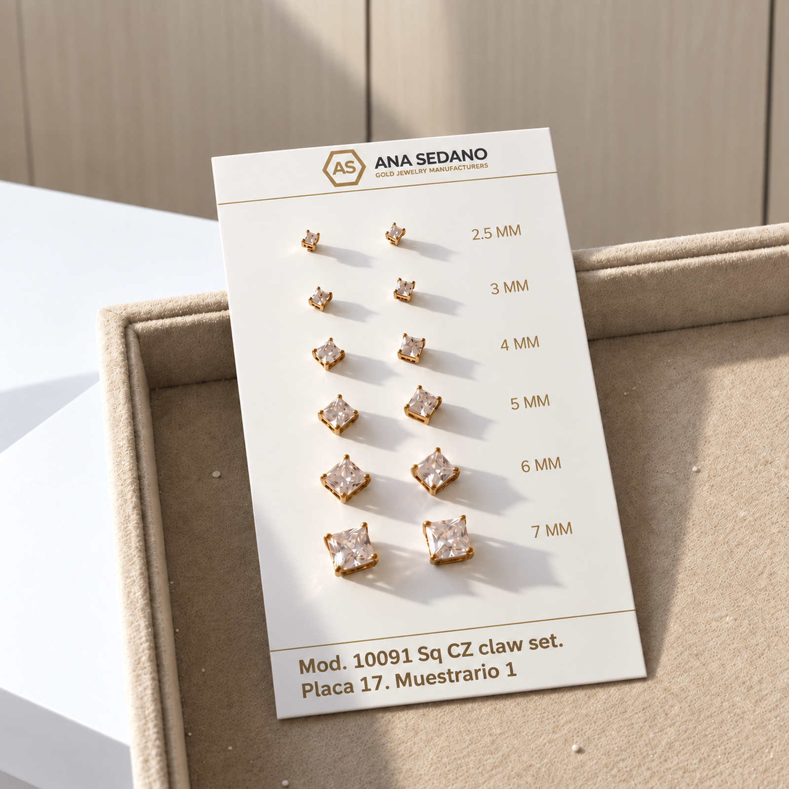 Sizing card with Ana Sedano's logo, part of the sample range